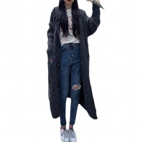 Stredne Dlhý Pletený Sveter S Kapucňou Cardigan Jacket Dámska Voľná Zahustená Móda