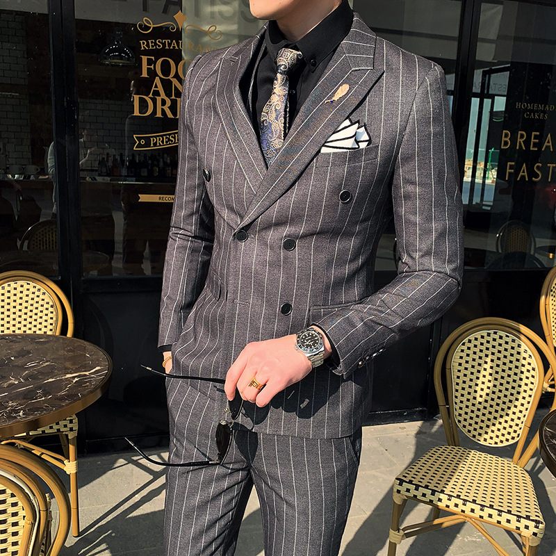 Pánske Obleky Business Ležérne Jednofarebné Pruhované Trojdielny Oblek Slim Double Breasted Striped