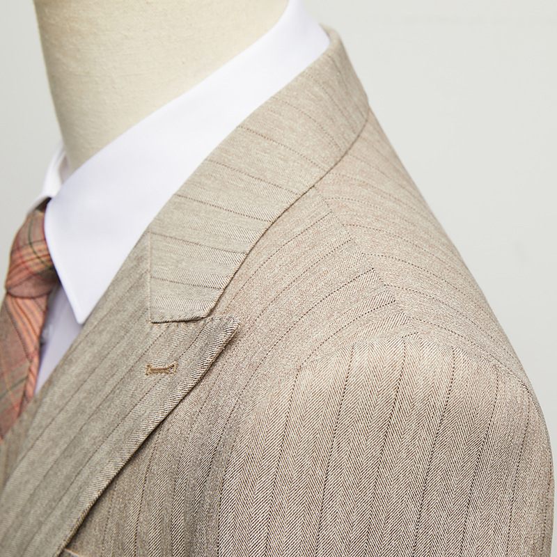 Pánske Obleky Slim Fit Pruhy Svetlohnedý Ležérny Trojdielny Oblek