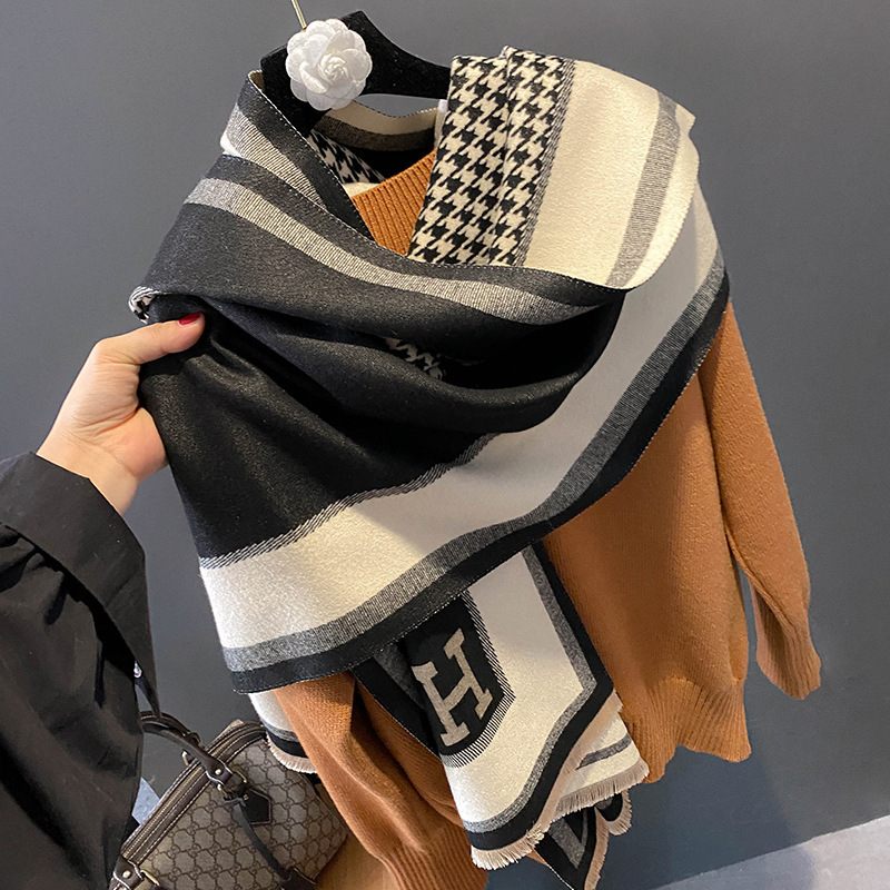 Základná Šatka Houndstooth Ženy Jeseň A Zima Kašmírová S Písmenom H Teplá