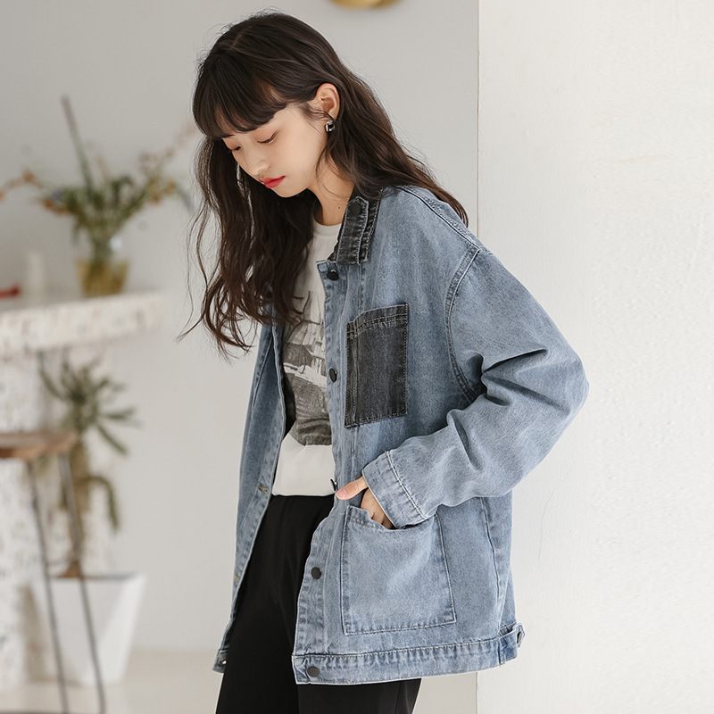 2023 Retro Color Block Denim Jacket Dámska Módna Voľná Bunda