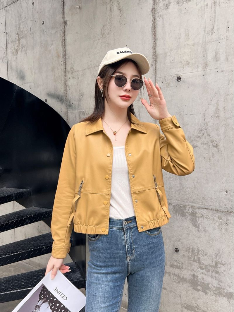 2023 Skrátená Dámska Kožená Bunda Lapel Slim Fit Casual
