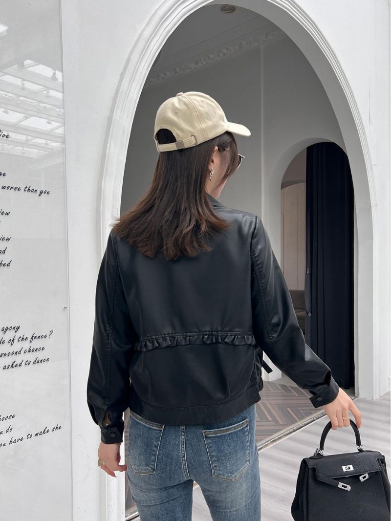 2023 Skrátená Dámska Kožená Bunda Lapel Slim Fit Casual
