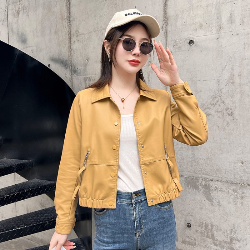 2023 Skrátená Dámska Kožená Bunda Lapel Slim Fit Casual