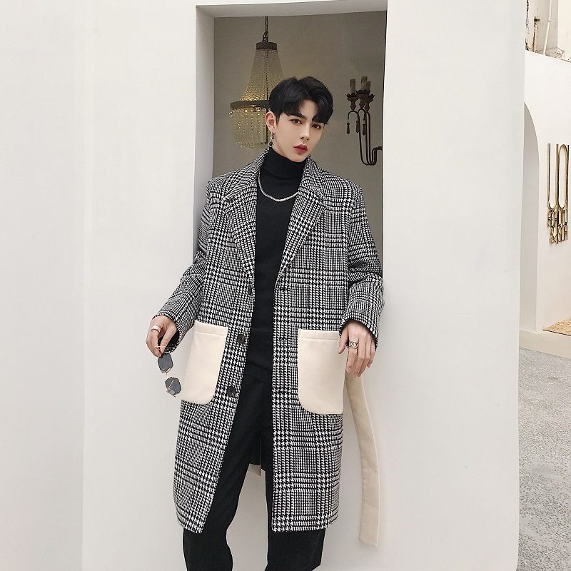 Dlhá Ležérna Pánska Vlnená Bunda Houndstooth Single Breasted Blazer Golier