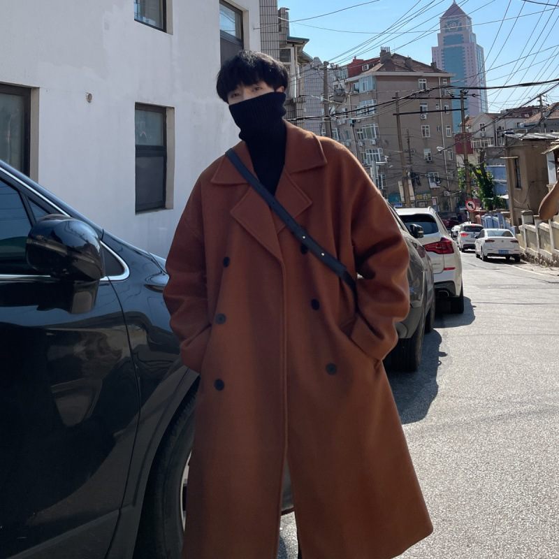 Pánsky Vlnený Kabát Stredne Dlhý Po Kolená Trendy Voľná Vetrovka