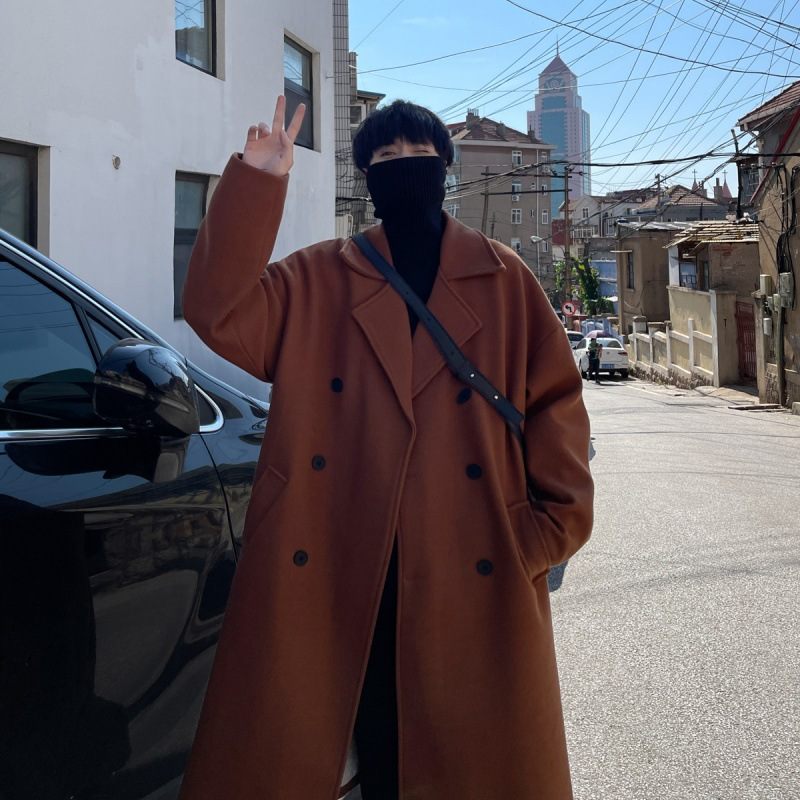 Pánsky Vlnený Kabát Stredne Dlhý Po Kolená Trendy Voľná Vetrovka