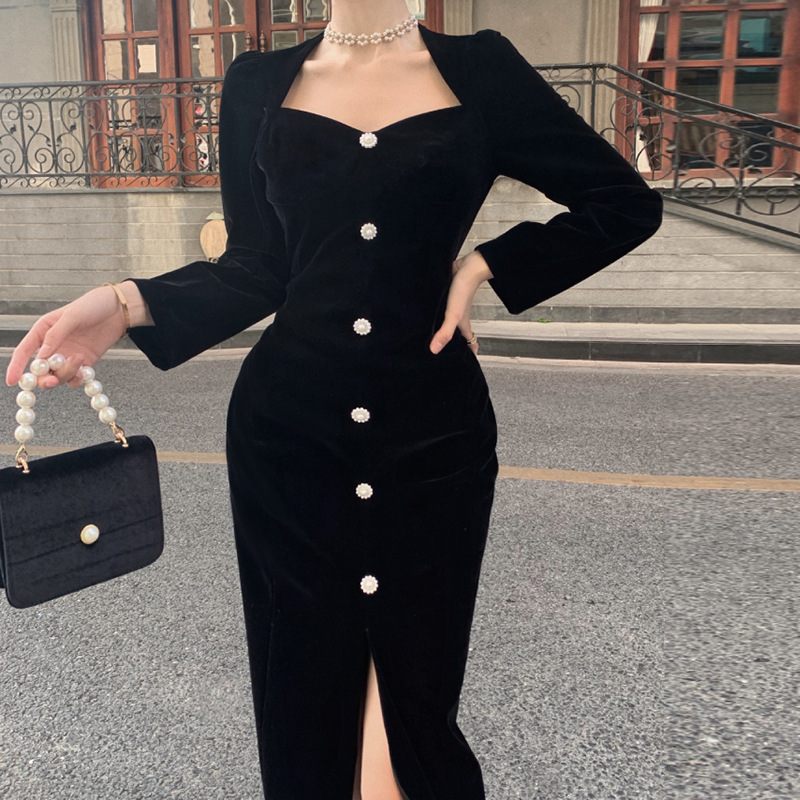 Dámske Elegantné Zamatové Šaty 2023 Malé Čierne