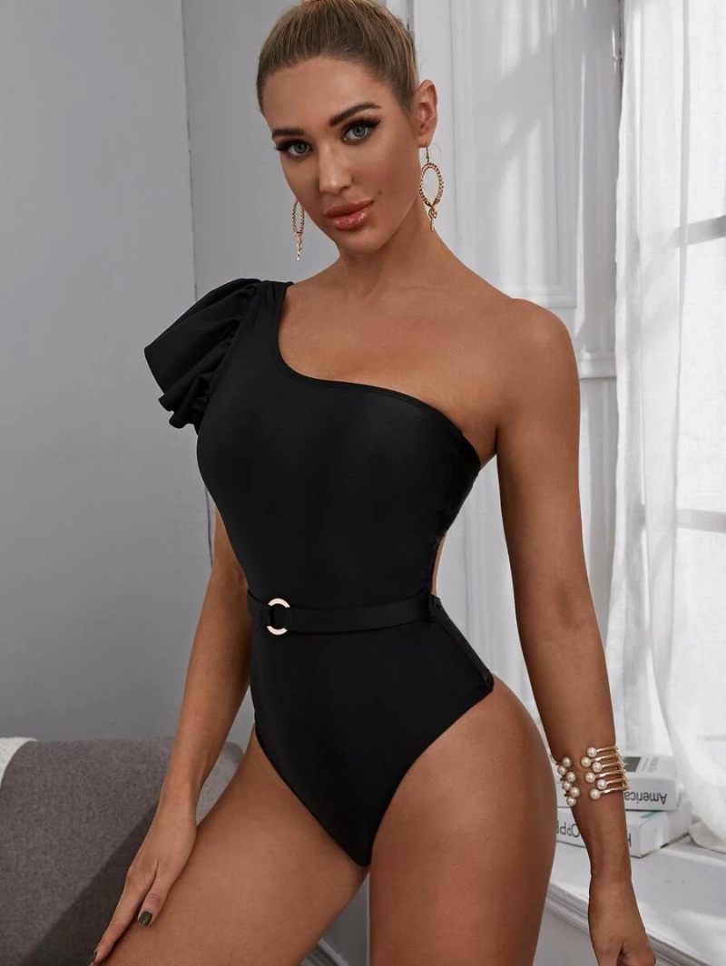 2023 Nové Sexi Bikiny Dámske Čierne Zdobenie Na Jedno Rameno Jednodielne Plavky Slim