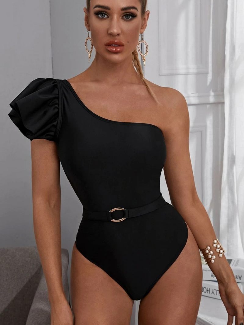 2023 Nové Sexi Bikiny Dámske Čierne Zdobenie Na Jedno Rameno Jednodielne Plavky Slim