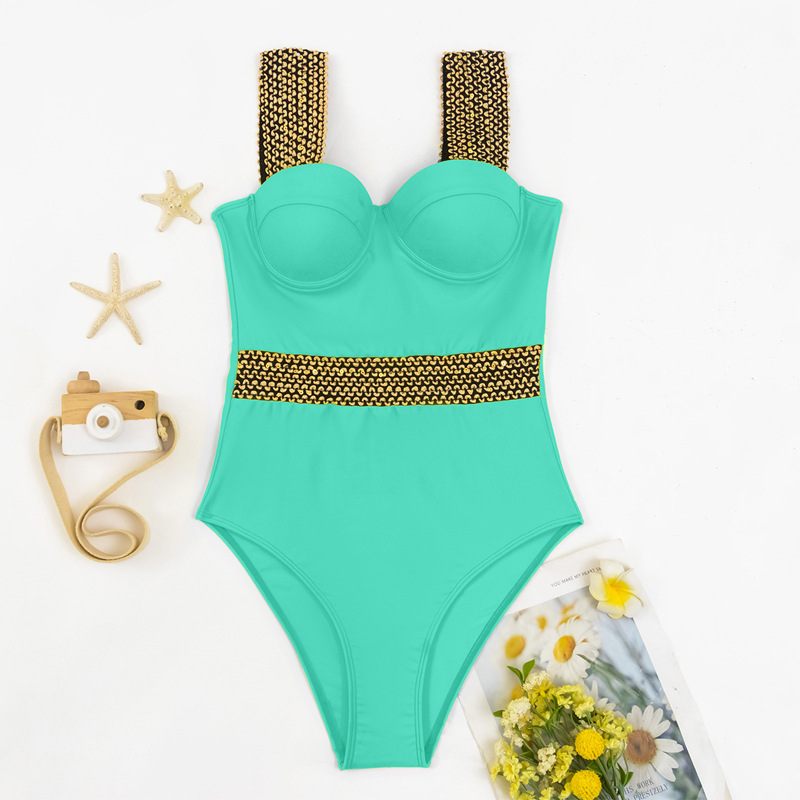 Jednodielne Plavky Zlaté Sexi Bikiny Dámske Oceľové Trojuholníkové S Potlačou