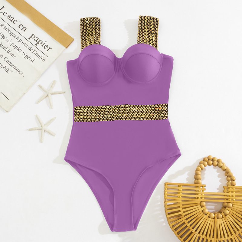 Jednodielne Plavky Zlaté Sexi Bikiny Dámske Oceľové Trojuholníkové S Potlačou
