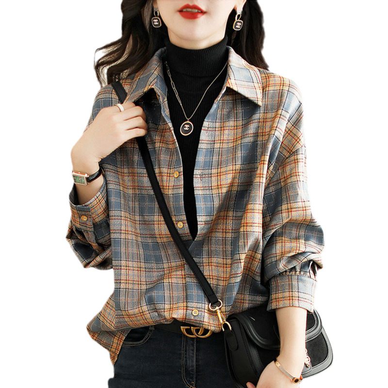 Check Shirt Ladies Ležérne Topy Kabát Dlhé Rukávy