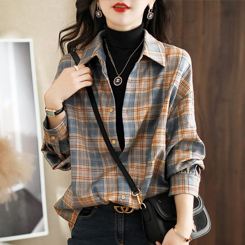 Check Shirt Ladies Ležérne Topy Kabát Dlhé Rukávy