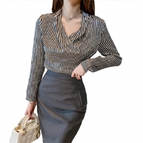 Dámska Košeľa Temperament Pás Pruhovaný Top Slim Fit