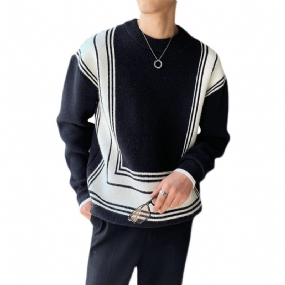 Pánsky Sveter Geometric Line Jacquard Color Block Loose Crew Neck Knit