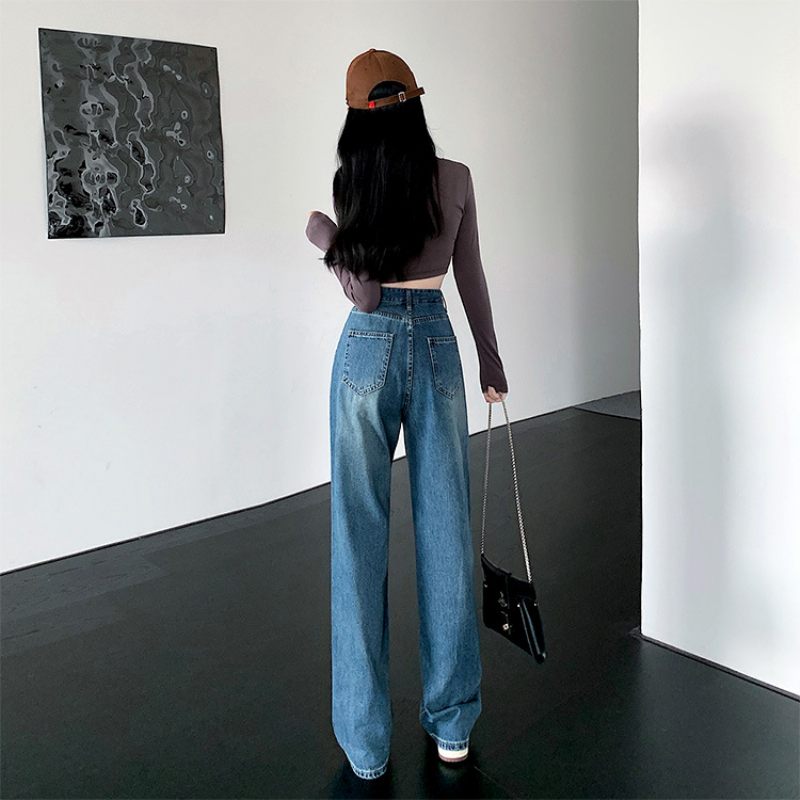 Dámske Nohavice Ležérne Rovné Retro Denim So Širokým Pásom