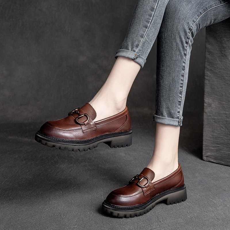 Retro Ležérne Brogue Topánky Dámske Ozdoba Kovová Pracka Ručne Leštená Farba Ploché Hovädzia Koža Martin