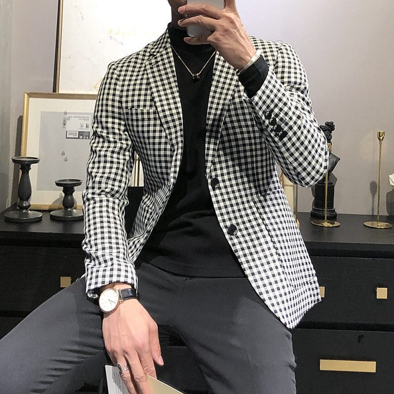 Ležérna Štíhla A Pekná Nová Pánska Bunda Blazers Čierno-biela Kockovaná