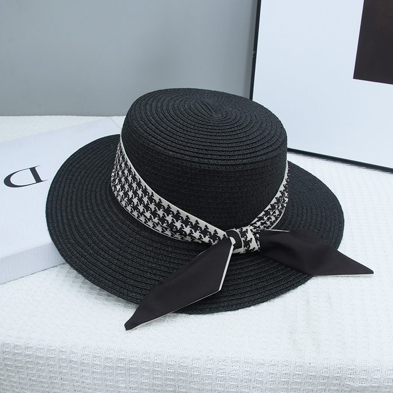 Retro Houndstooth Remienok Plochý Slamený Klobúk Osobnosť Módna Vonkajšia Plážová Slnečná Clona Jazzový Žena