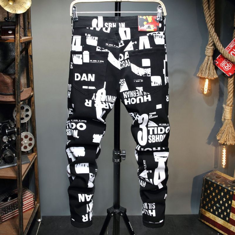 Muži Trend Letter Print Slim Fit Ležérne Džínsy S Malými Nohami