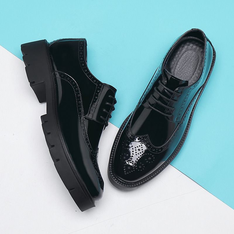 Obchodné Spoločenské Topánky Pánske Lesklé Brogue Vyrezávané Vo Vnútri Zvýšené 10cm Šnurovacie Hrubá Podrážka Zvýšená 8cm Svadobné